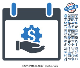 Financial Development Hand Calendar Day icon with bonus calendar and time management design elements. Vector illustration style is flat iconic symbols, smooth blue, white background.
