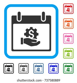 Financial Development Hand Calendar Day icon. Flat grey iconic symbol inside a light blue rounded square. Black, gray, green, blue, red,