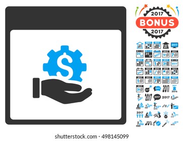 Financial Development Hand Calendar Page icon with bonus calendar and time management graphic icons. Vector illustration style is flat iconic symbols, blue and gray colors, white background.