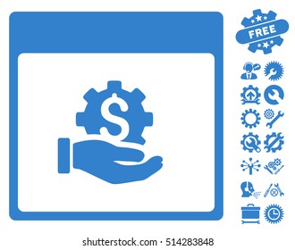 Financial Development Hand Calendar Page icon with bonus options pictograms. Vector illustration style is flat iconic symbols, cobalt, white background.