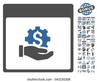 Financial Development Hand Calendar Page pictograph with bonus calendar and time management pictures. Vector illustration style is flat iconic symbols, cobalt and gray, white background.