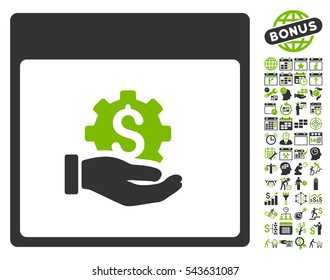 Financial Development Hand Calendar Page icon with bonus calendar and time management design elements. Vector illustration style is flat iconic symbols, eco green and gray, white background.