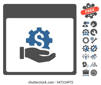 Financial Development Hand Calendar Page icon with bonus tools pictures. Vector illustration style is flat iconic symbols, cobalt and gray, white background.