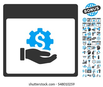 Financial Development Hand Calendar Page pictograph with bonus calendar and time management pictograms. Vector illustration style is flat iconic symbols, blue and gray, white background.