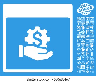 Financial Development Hand Calendar Page icon with bonus calendar and time management pictograms. Vector illustration style is flat iconic symbols, white, blue background.