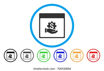 Financial Development Hand Calendar Page vector rounded icon. Image style is a flat gray icon symbol inside a blue circle. Bonus color variants are gray, black, blue, green, red, orange.