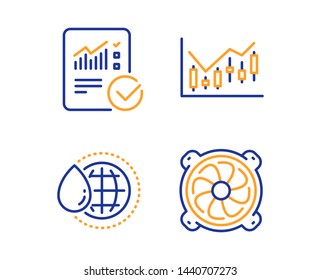 Financial diagram, Checked calculation and World water icons simple set. Computer fan sign. Candlestick chart, Statistical data, Aqua drop. Pc ventilator. Science set. Linear financial diagram icon