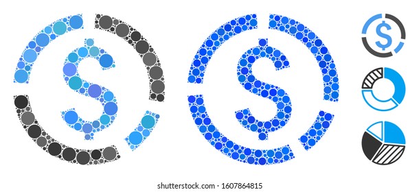 Financial diagram composition of small circles in various sizes and color tints, based on financial diagram icon. Vector filled circles are grouped into blue collage.