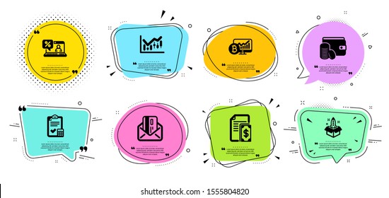 Financial diagram, Payment method and Credit card line icons set. Chat bubbles with quotes. Accounting checklist, Bitcoin chart and Payment signs. Startup, Online loan symbols. Vector