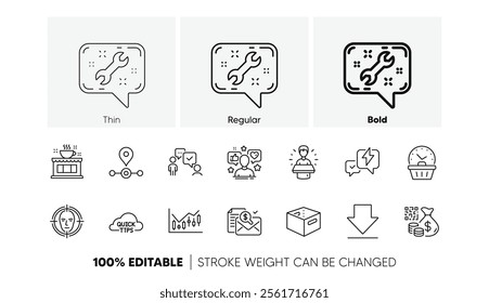 Financial diagram, Quick tips and Office box line icons. Pack of Influence, Lightning bolt, Station icon. Brand ambassador, Accounting report, Consulting business pictogram. Coffee shop. Vector
