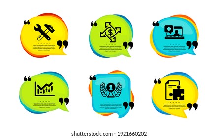 Financial diagram, Spanner tool and Payment exchange icons simple set. Speech bubble with quotes. Laureate award, Medical help and Strategy signs. Candlestick chart, Repair, Money transfer. Vector