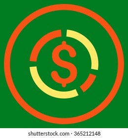 Financial Diagram vector icon. Style is bicolor flat circled symbol, orange and yellow colors, rounded angles, green background.