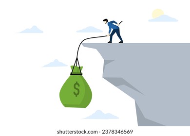 Financial difficulties concept, Difficulty paying bills and debt repayment. Working hard to make money. Businessman working hard to attract wealth. Vector illustration.