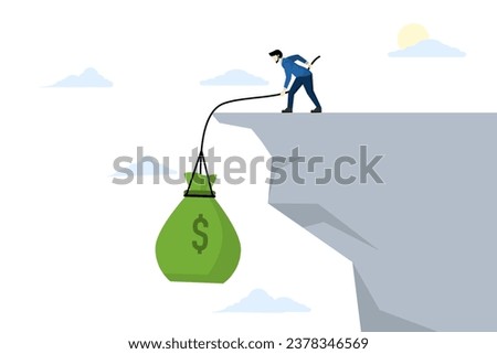 Financial difficulties concept, Difficulty paying bills and debt repayment. Working hard to make money. Businessman working hard to attract wealth. Vector illustration.