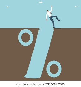 Financial difficulties, debt and credit obligations, payment of interest payments on bank loans, investment risks, borrowing money, business failure, loss of funds, a man falls into an interest hole.