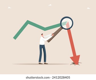 Financial difficulties, decrease in value of business or company shares, stock market crash, economic crisis, business failure, loss of cash, lose investments, man points a magnifier to broken arrow.