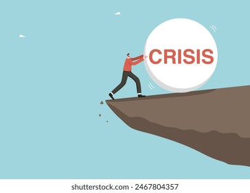 Financial difficulties, decrease in value of business or company shares, stock market crash, economic crisis, business failure, loss of cash, lose investments, a man stops a crisis ball on a cliff.