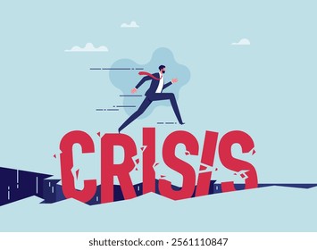 Financial difficulties, decrease in value of business or company shares, stock market crash, economic crisis, business failure, loss of cash, lose investments, man running across the word crisis