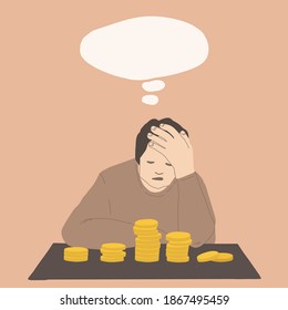 Financial difficulties. Sad man props his face with his hand, sitting at the table with money coins. Thought bubble overhead. Vector illustration in hand drawing style. EPS 10