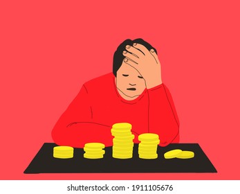 Dificultades financieras. Un hombre triste se apoya la cara con la mano, sentado en la mesa con monedas de dinero. EPS 10