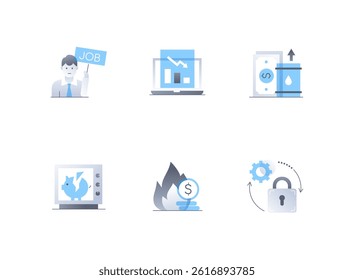 Financial difficulties and unemployment - flat design style icons set