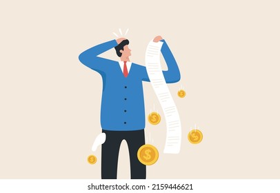 Financial Difficulty, Invoice receipts, bill payments, monthly expenses Necessary expenses, tax invoices, income after expenses or personal taxes. Businessman shocked by expense bills.