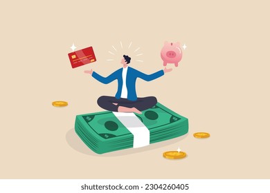 Financial discipline, saving money or investing strategy, routine or practice to invest or building wealth or pay off debt concept, ambitious man meditate on banknote with credit card and piggy bank.