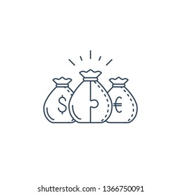Financial diversification concept, budget planning, savings account, dollar euro money bags, dividends vector mono line icon