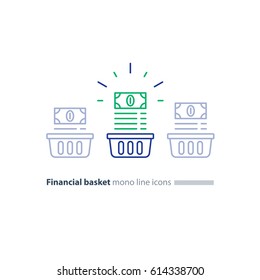 Financial Diversification Concept, Investment Basket, Budget Planning, Fund Rising, Split Savings Account, Income Growth, Dividends Vector Mono Line Icon