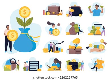Financial diversification set with plan and strategy symbols flat isolated vector illustration