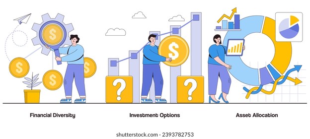 Financial diversity, investment options, asset allocation concept with character. Asset diversification abstract vector illustration set. Investment choices, risk management, financial variety.