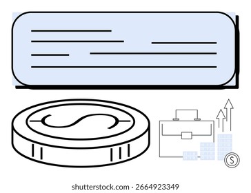 Documento financiero junto con una moneda, un maletín, gráficos de barras ascendentes y signos de dólar. Ideal para el crecimiento empresarial, inversiones, planificación financiera, desarrollo económico, contabilidad de gestión de patrimonios