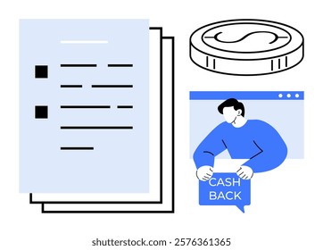 Financial document and coin represent monetary dealings with person holding cash back sign symbolizing savings. Ideal for finance, budgeting, savings, investments, money management topics. Simple