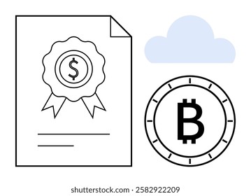 Financial document with dollar symbol, Bitcoin coin, and cloud symbol. Ideal for finance, digital currency, blockchain, online transactions, economics, cloud storage, modern banking. Line metaphor