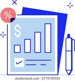 A financial document features a bar chart, dollar sign, percentage icon, and a pen. This illustrates banking data analysis, investment reporting, and fintech management concepts.