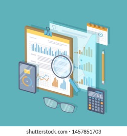 Financial document with graphs and charts on clipboard, calculator, glasses, magnifying glass, calendar. Audit, report, analysis, research, planning accounting, calculation. Vector isometric 