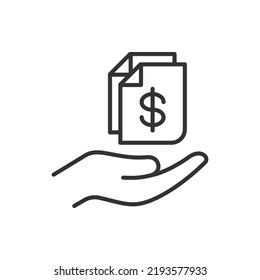 Financial document on hand icon line style isolated on white background. Vector illustration
