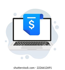 A financial document on a laptop Electronic E-Invoice icon. Online digital invoice laptop or notebook with bills. Vector illustration