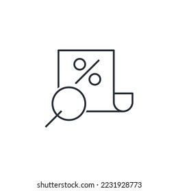 Financial document with a percentage and a magnifying glass. Business control, analysis. Vector linear icon isolated on white background.