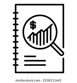 Financial document round line vector icon with editable stroke, featuring a booklet with a dollar donut chart and line chart, representing financial reports, analysis, budgeting, and economic planning