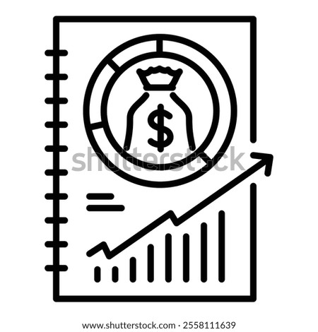 Financial document round line vector icon with editable stroke, featuring a booklet with a dollar donut chart and line chart, representing financial reports, analysis, budgeting, and economic planning