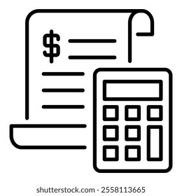 financial documents and calculator round line vector icon with editable stroke, representing accounting, budgeting, financial planning, tax calculation, and expense management