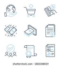 Financial documents, Cash and Report document line icons set. Diploma certificate, save planet, group of people. Payment, Credit card and Online market signs. Vector