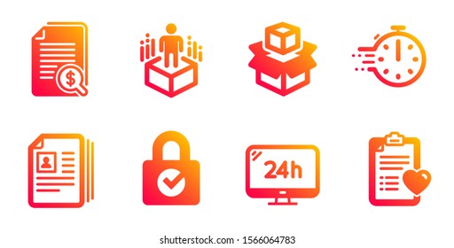 Financial documents, Cv documents and Augmented reality line icons set. Packing boxes, 24h service and Cooking timer signs. Password encryption, Patient history symbols. Vector