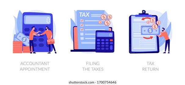 Financial documents and forms, paperwork. Accountant appointment, filing the taxes, tax return metaphors. Calculating obligatory payments. Vector isolated concept metaphor illustrations