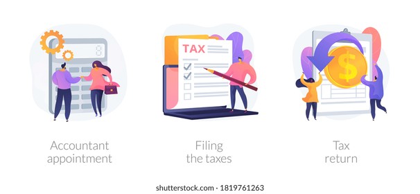 Financial documents and forms, paperwork. Accountant appointment, filing the taxes, tax return metaphors. Calculating obligatory payments. Vector isolated concept metaphor illustrations