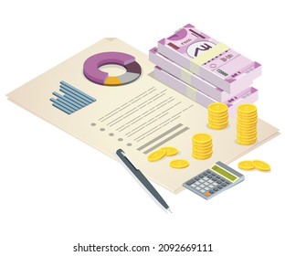 Financial Documents With Indian Rupee And Coins, Finance Department Or Tax Office, Isometric Flat Vector Illustration