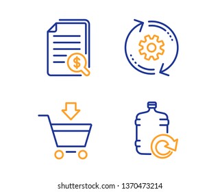 Financial documents, Online market and Cogwheel icons simple set. Refill water sign. Check docs, Shopping cart, Engineering tool. Cooler bottle. Business set. Linear financial documents icon. Vector