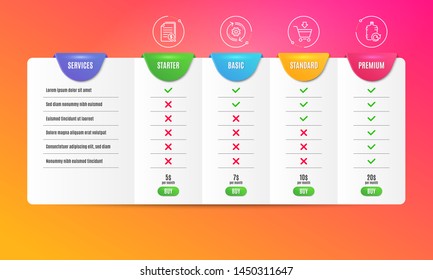 Financial documents, Online market and Cogwheel icons simple set. Comparison table. Refill water sign. Check docs, Shopping cart, Engineering tool. Cooler bottle. Business set. Pricing plan. Vector