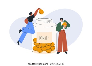 Financial donation, charity concept. Donating finance, money to voluntary nonprofit fund. Charitable help, support, contribution, philanthropy. Flat vector illustration isolated on white background